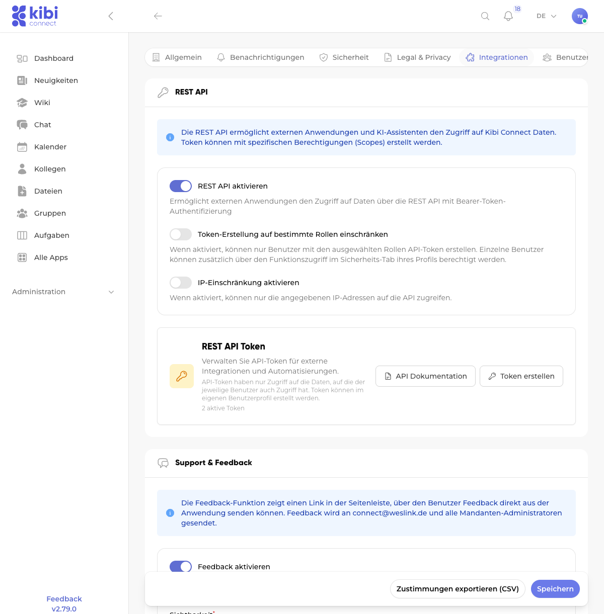 Screenshot: API-instellingen onder Integraties