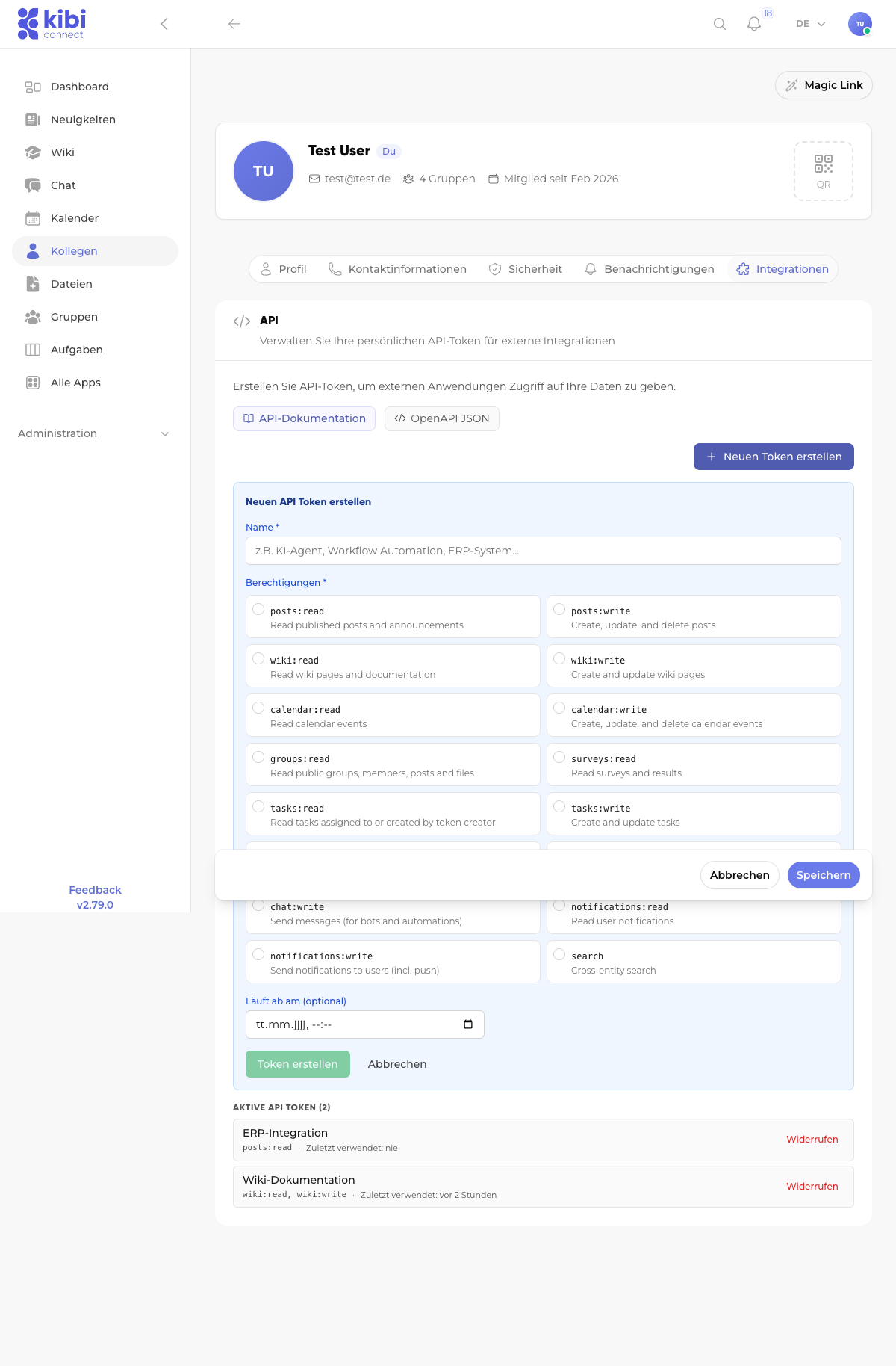 Screenshot: Token-aanmaakformulier met Scopes